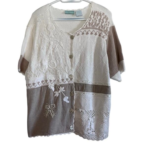 Patchwork Knit Cardigan Button Top Sz XL Cottagecore Boho Romantic Farmhouse - Picture 2 of 12
